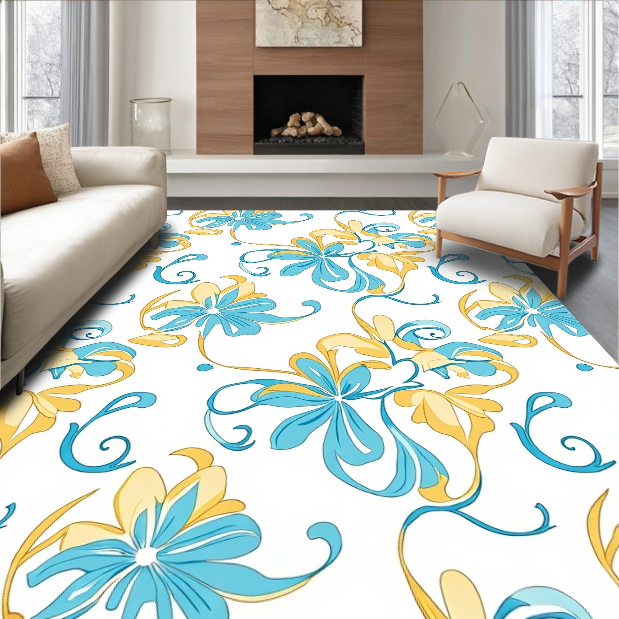 Turquoise And Yellow Floral Swirls Rug