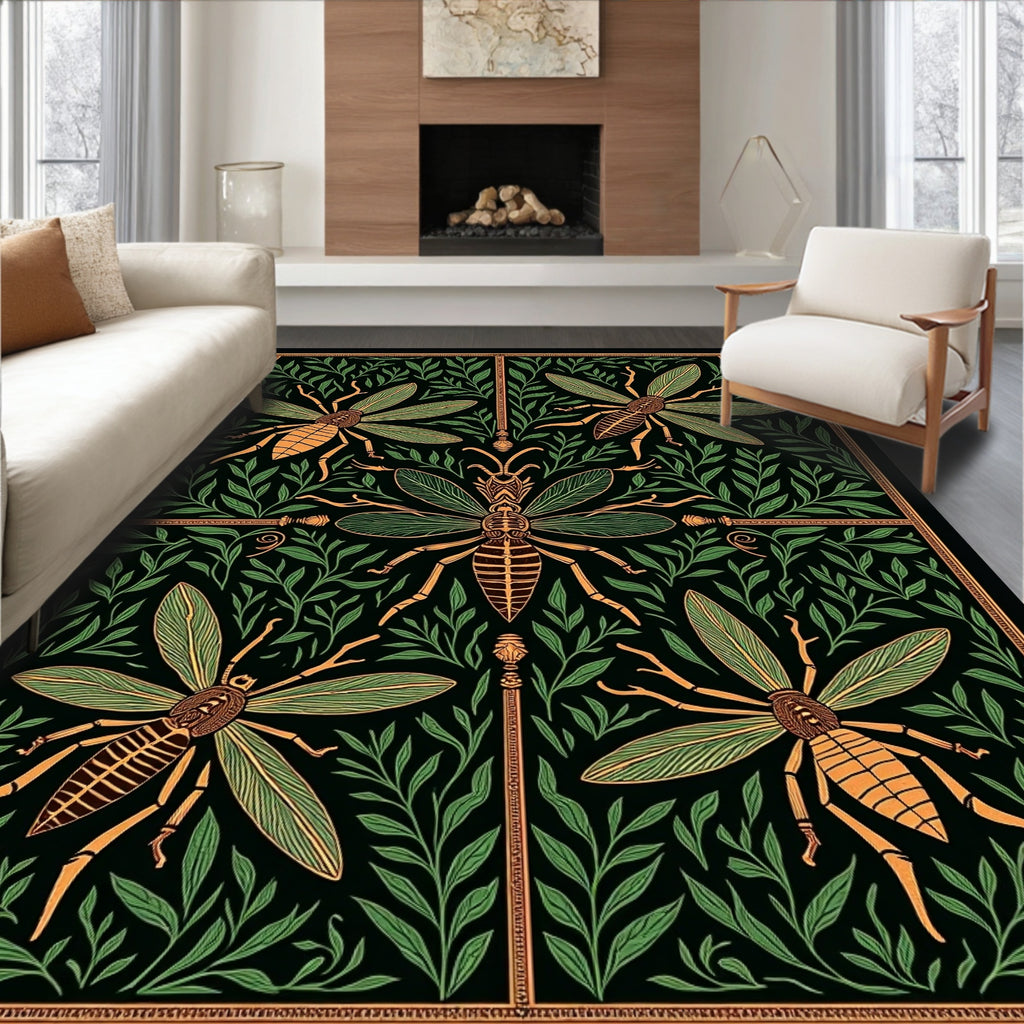 Antique Emerald Insect Foliage Art Rug