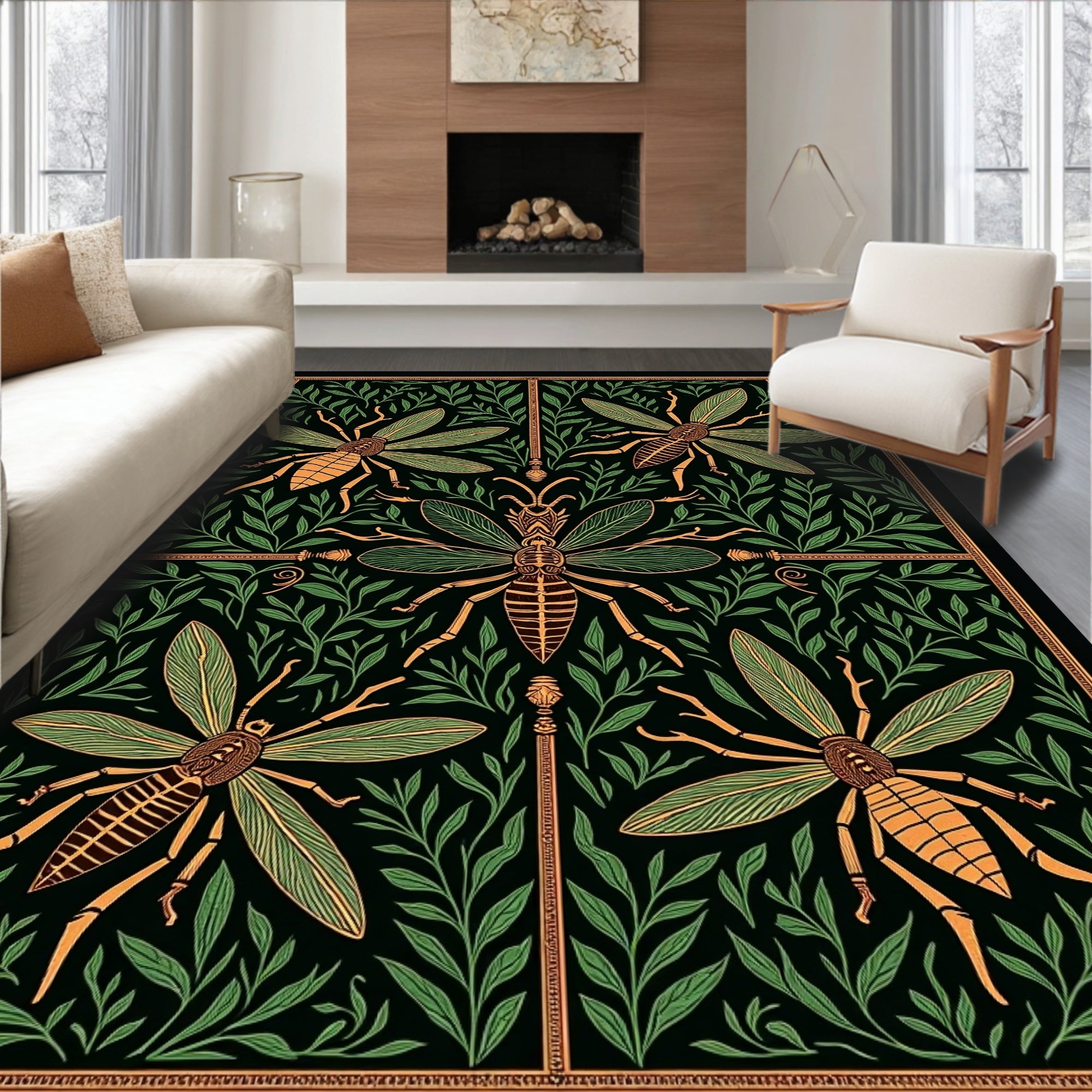 Antique Emerald Insect Foliage Art Rug
