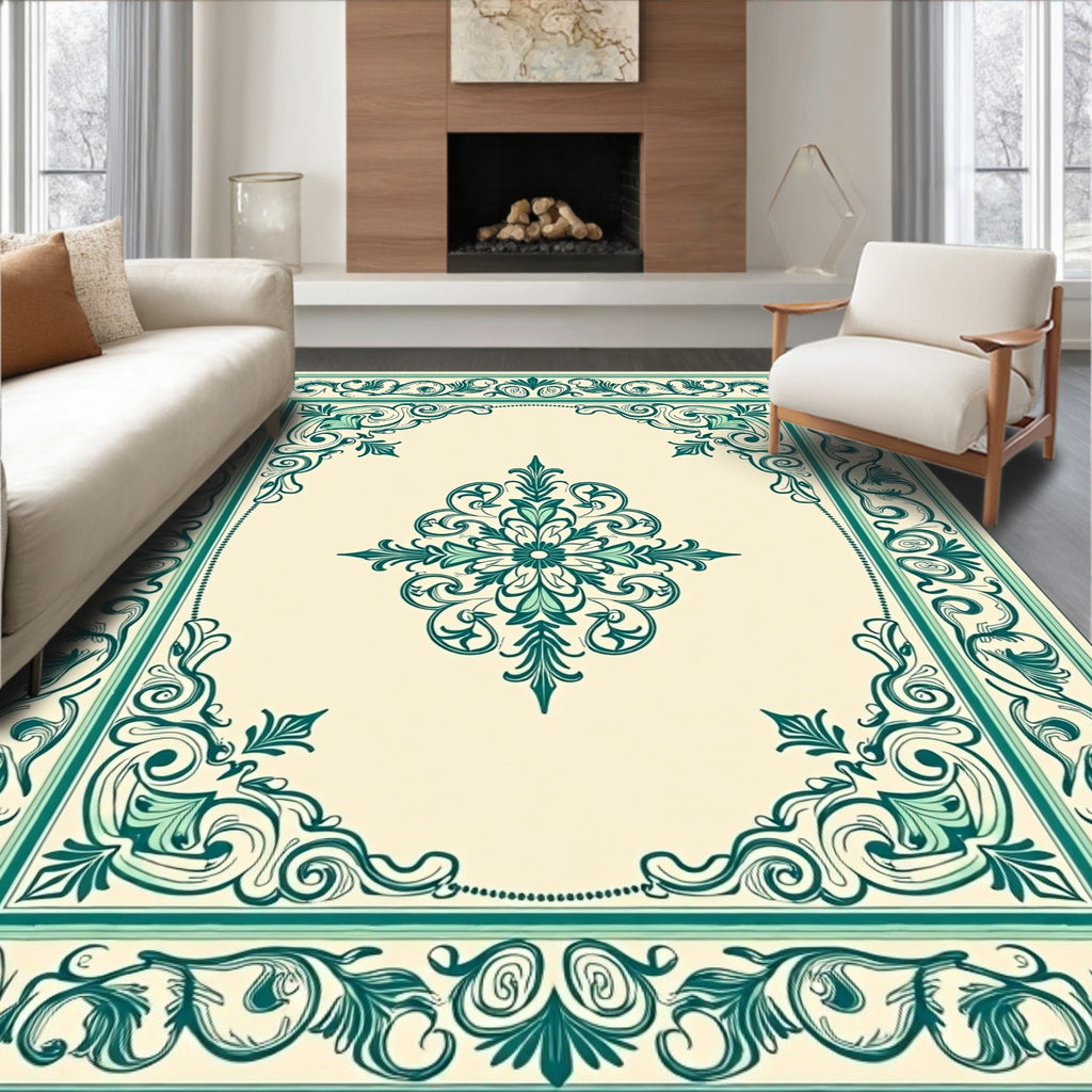 Elegant Teal Ivory Floral Scroll Rug