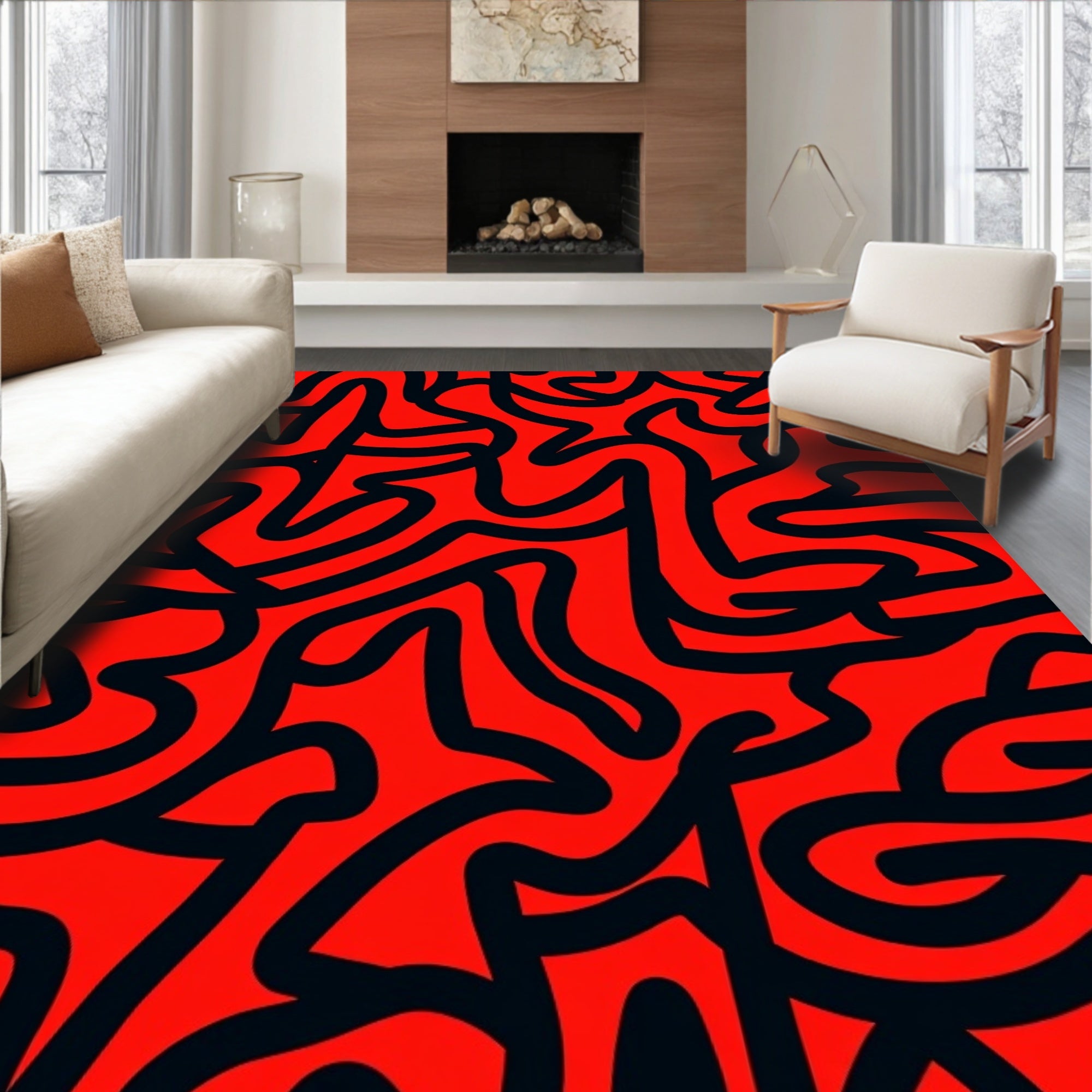 Bold Red Abstract Line Pattern Rug