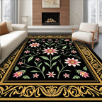 Black Floral Gold Border Rug