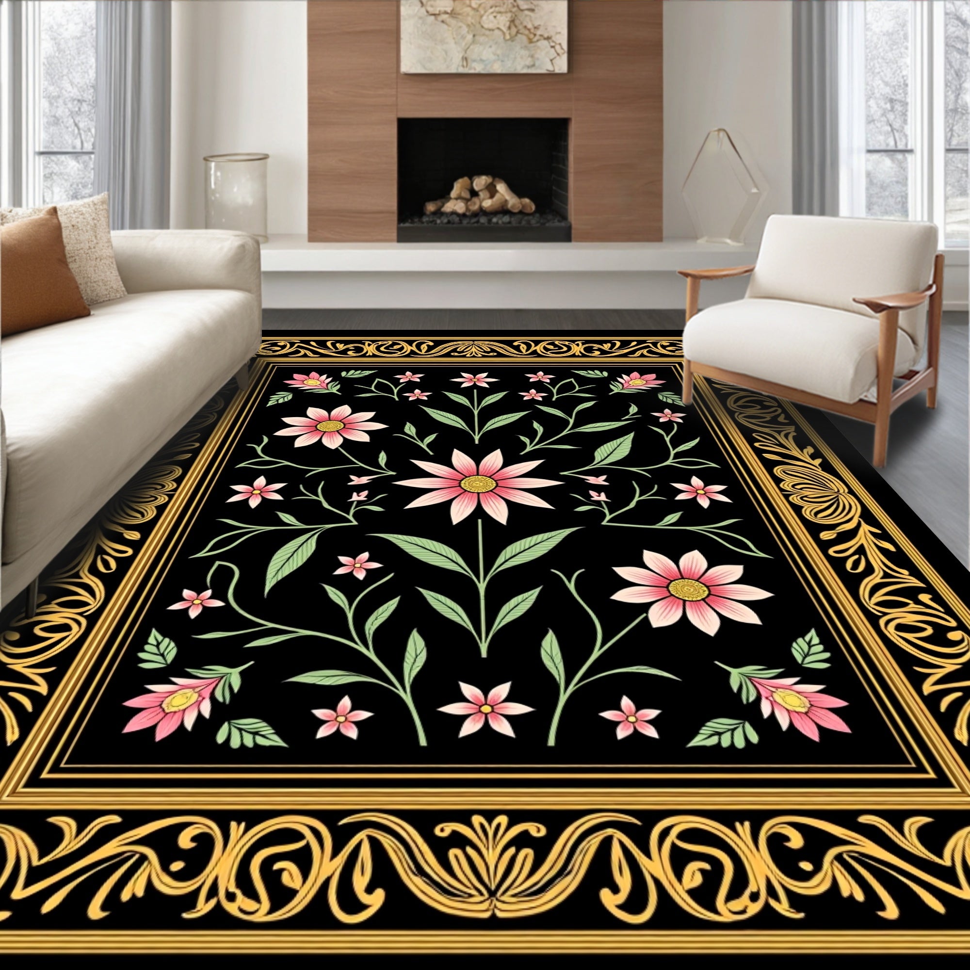 Black Floral Gold Border Rug