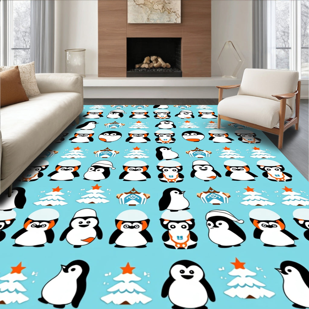 Cute Winter Penguin Christmas Trees Rug