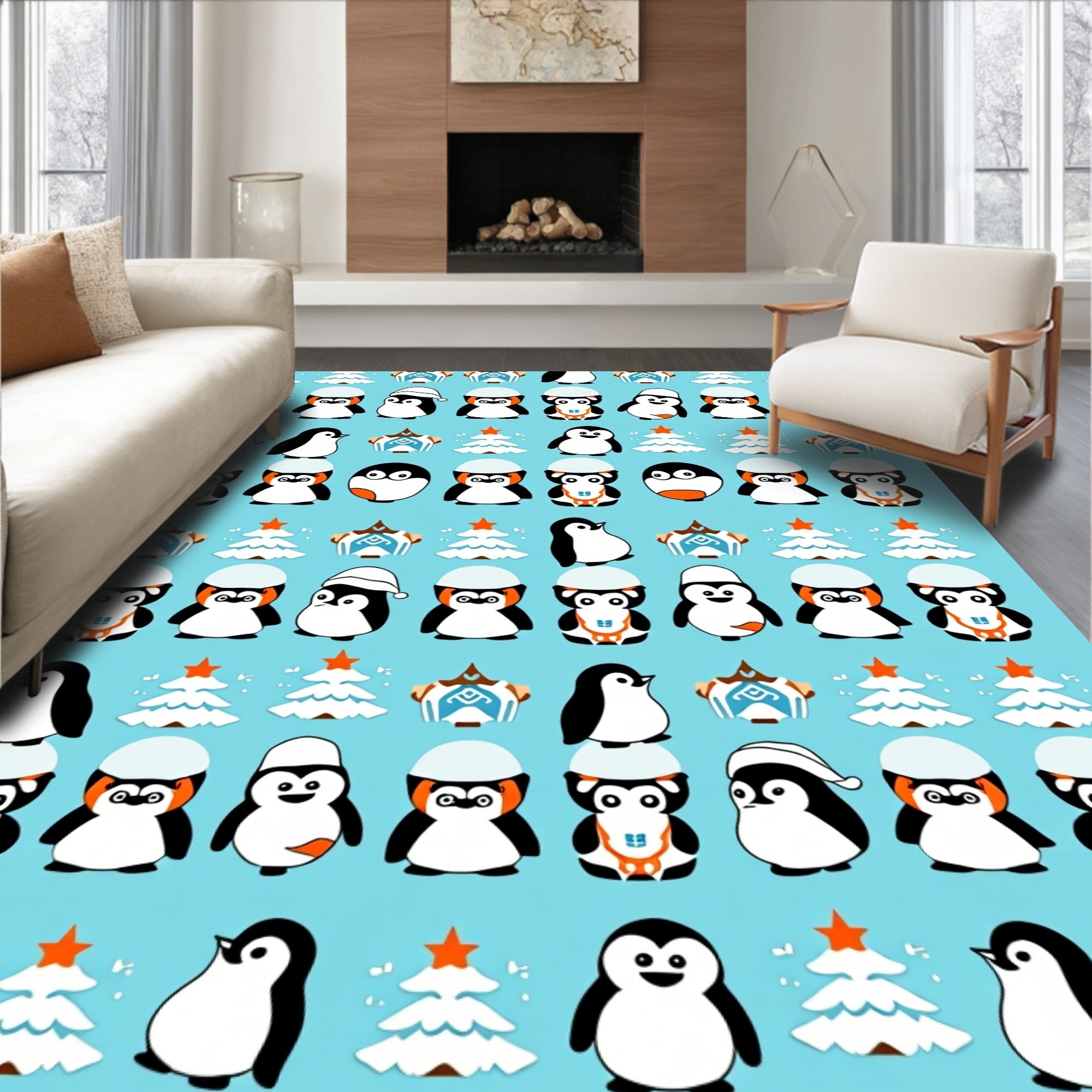 Cute Winter Penguin Christmas Trees Rug