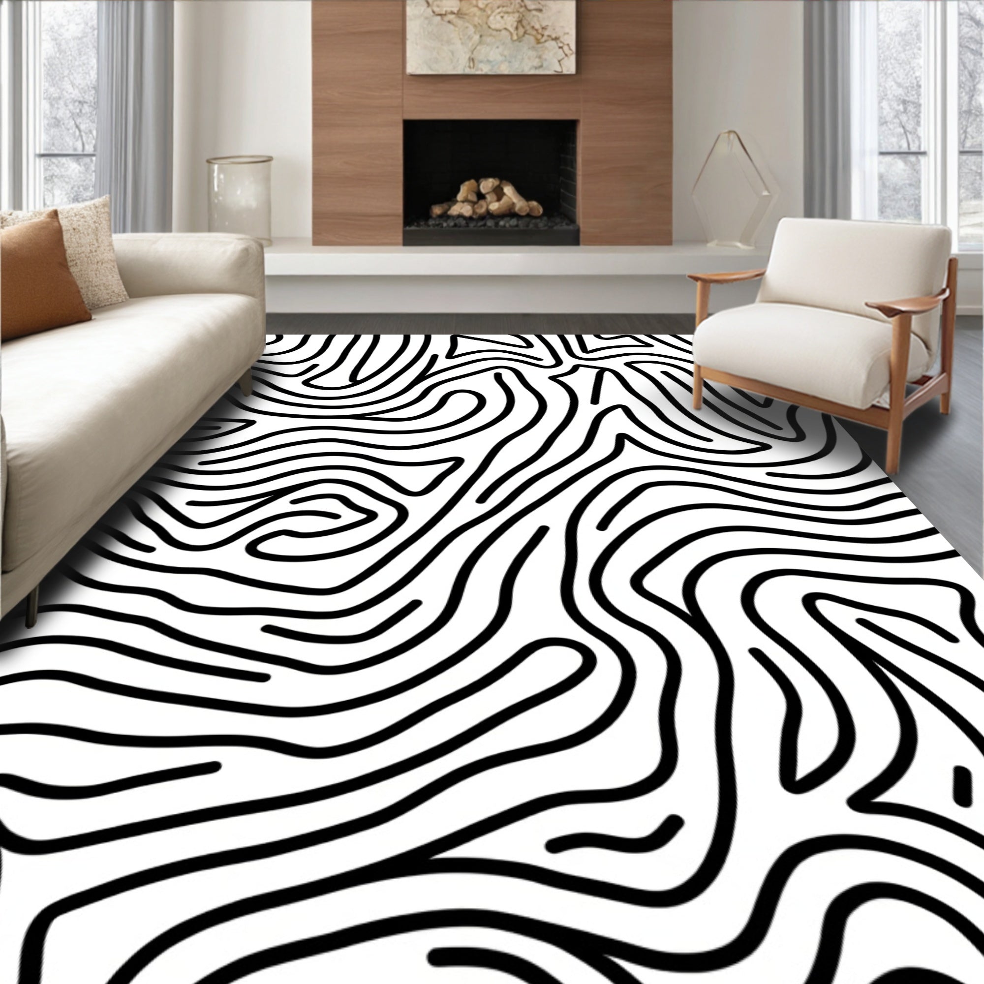 Bold Black White Contour Pattern Rug