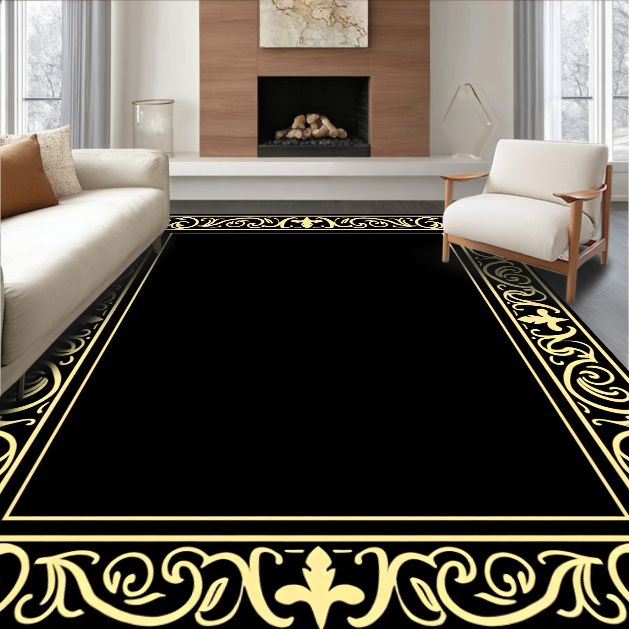 Ornate Gold Scrollwork Border Design Rug