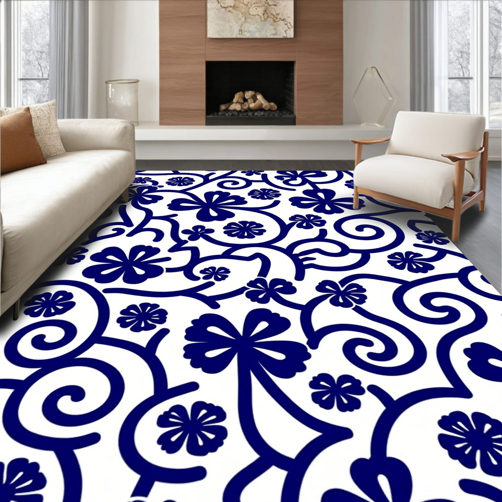 Blue Floral Vine Scroll Rug