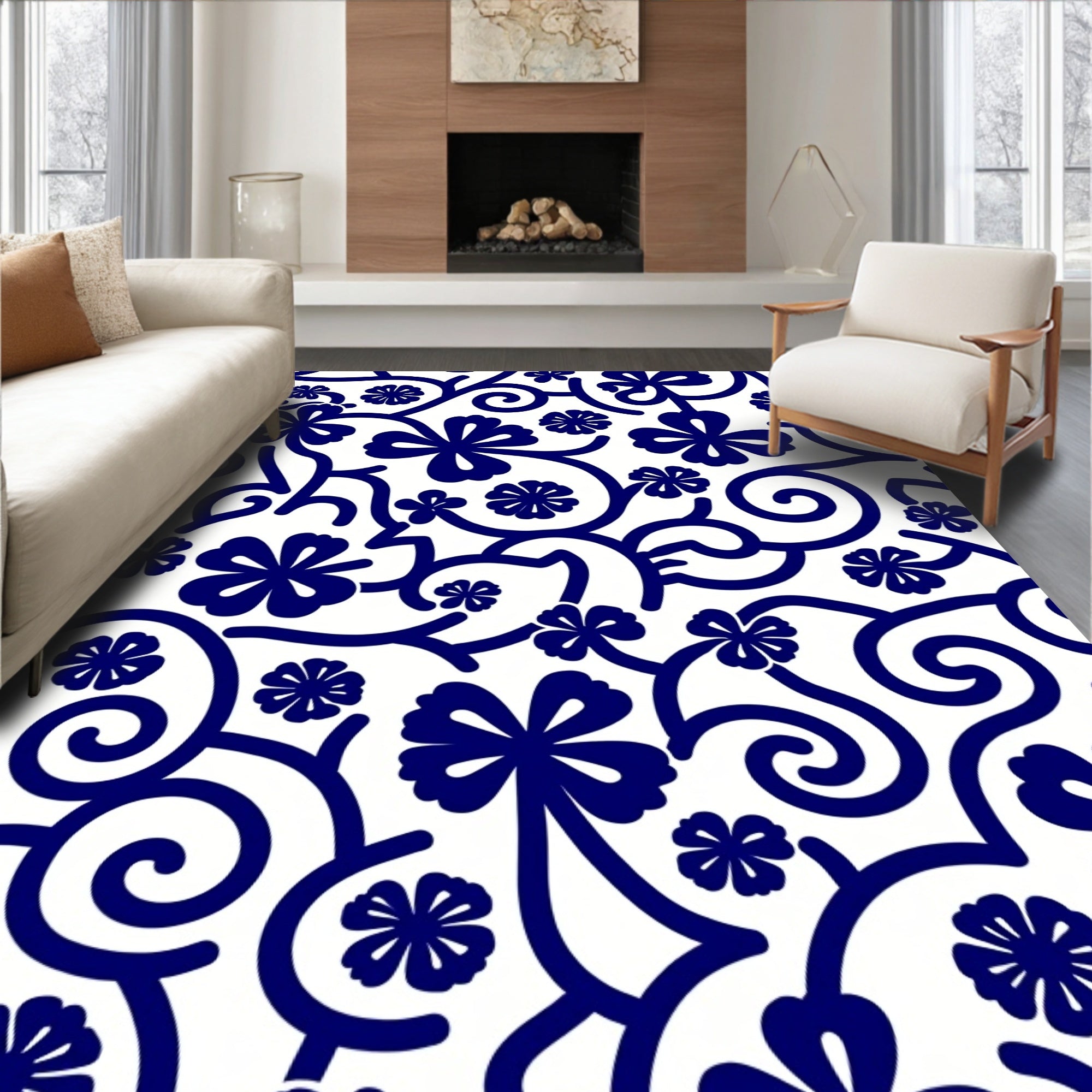 Blue Floral Vine Scroll Rug