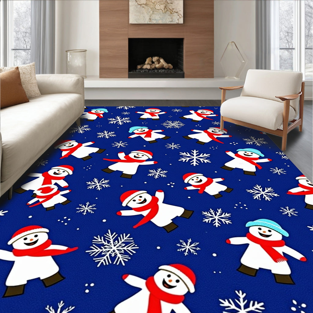Playful Snowman Red Scarf Snowflakes Rug