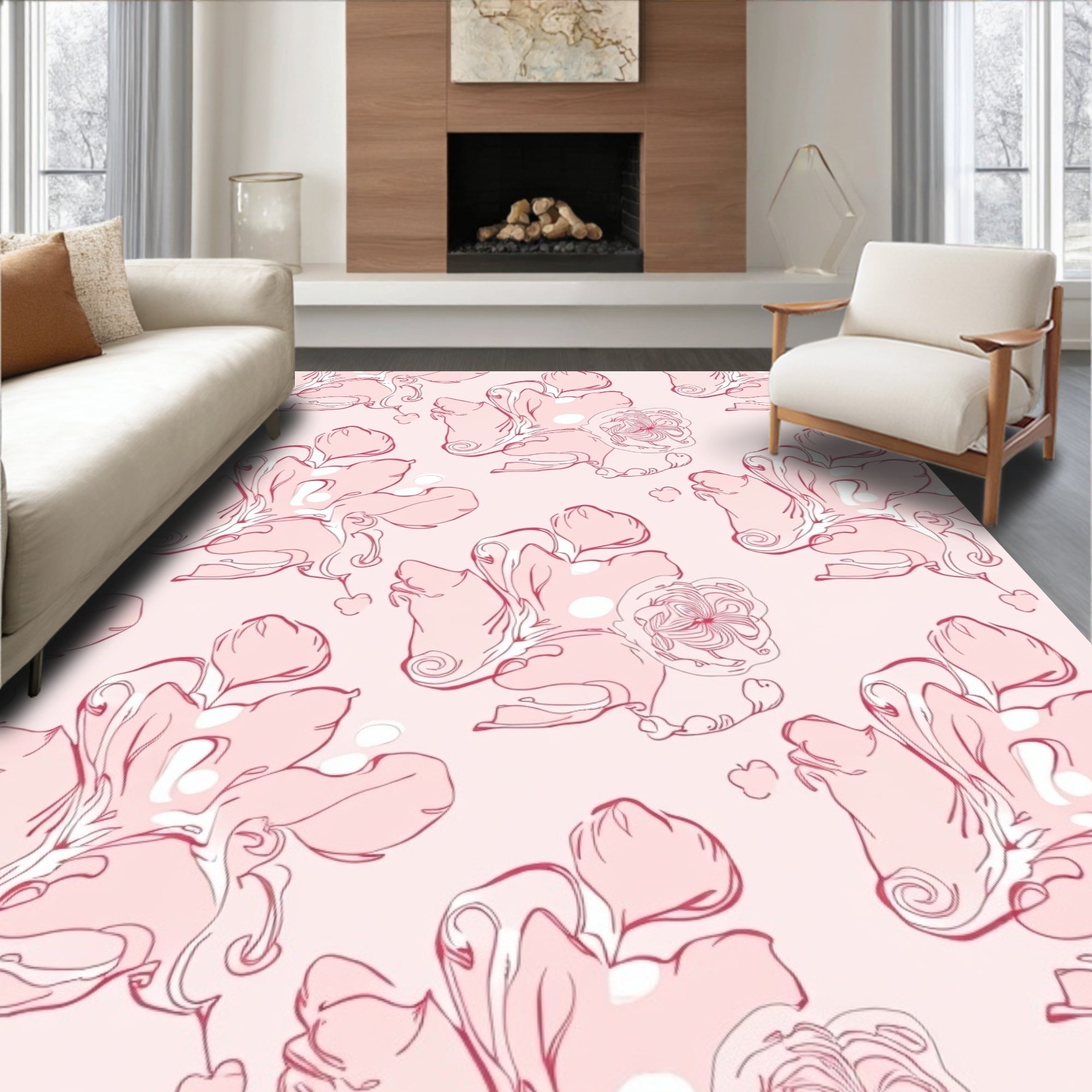Delicate Floral Swirl Pink Pattern Rug