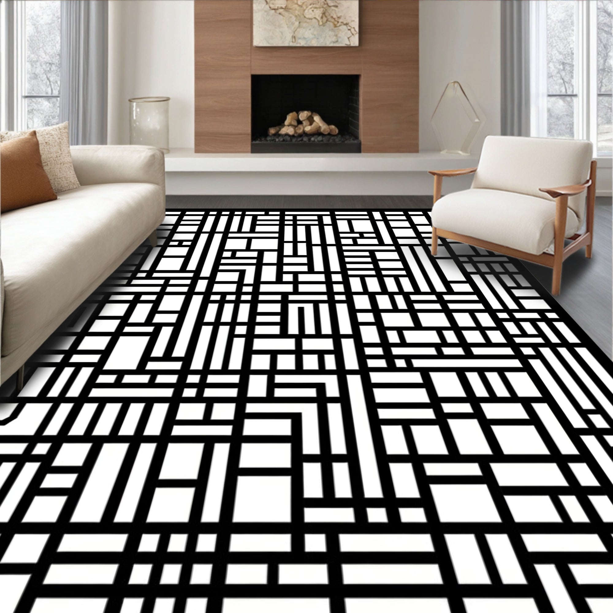 Modern Geometric Black And White Pattern Rug