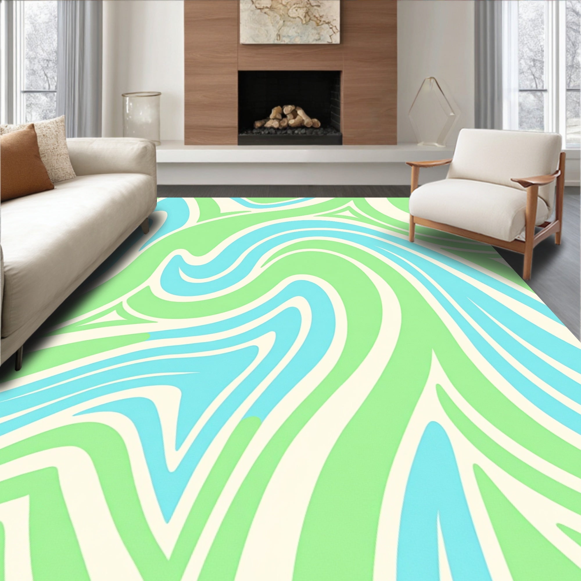Retro Wavy Cream Blue Green Pattern Rug