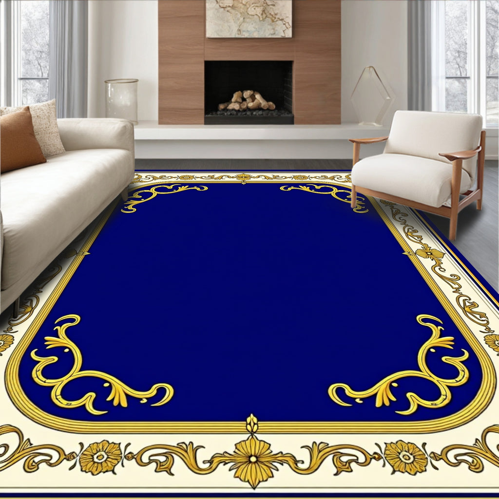 Gold Floral Scrollwork Blue Center Rug