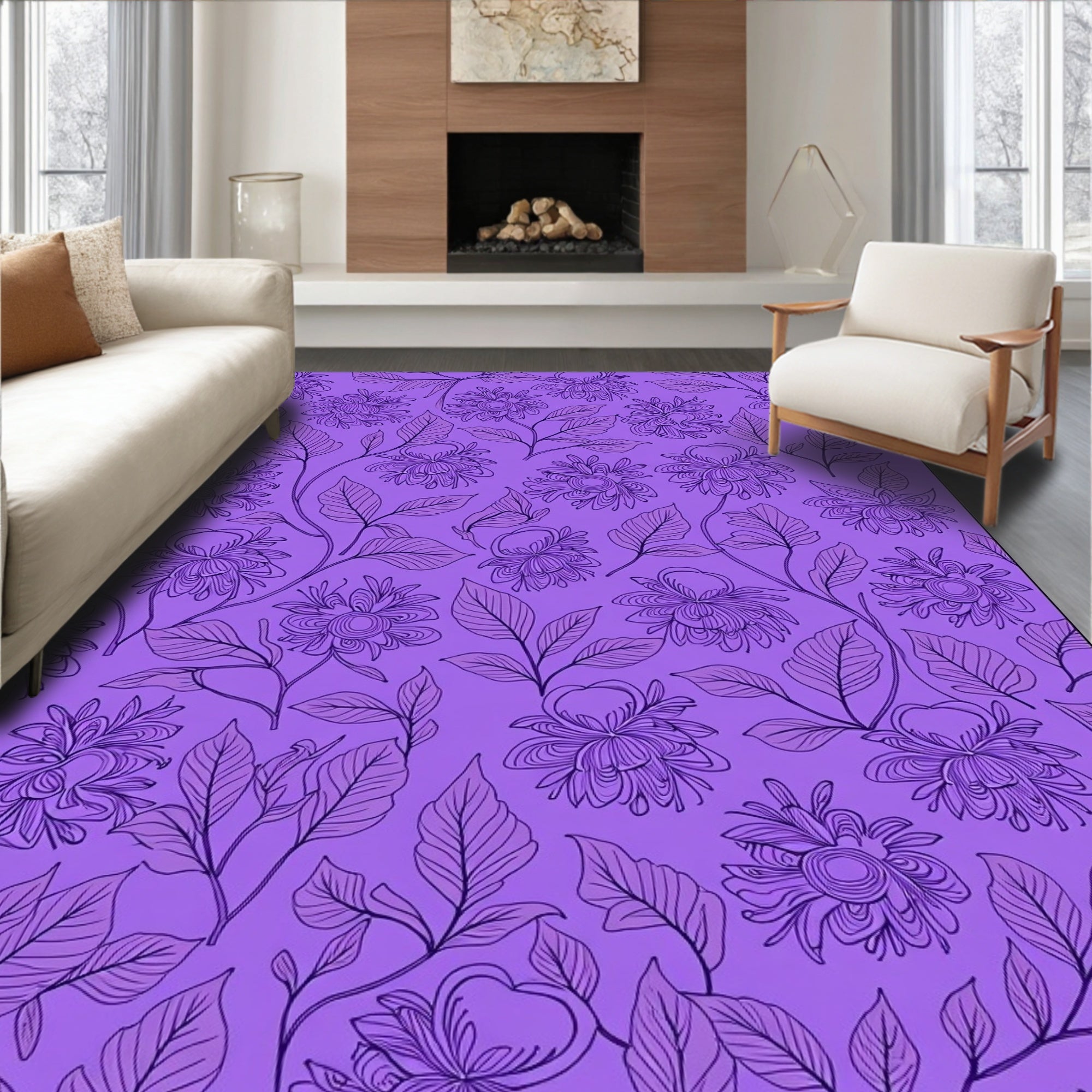 Floral Vine Patterned Purple Rug