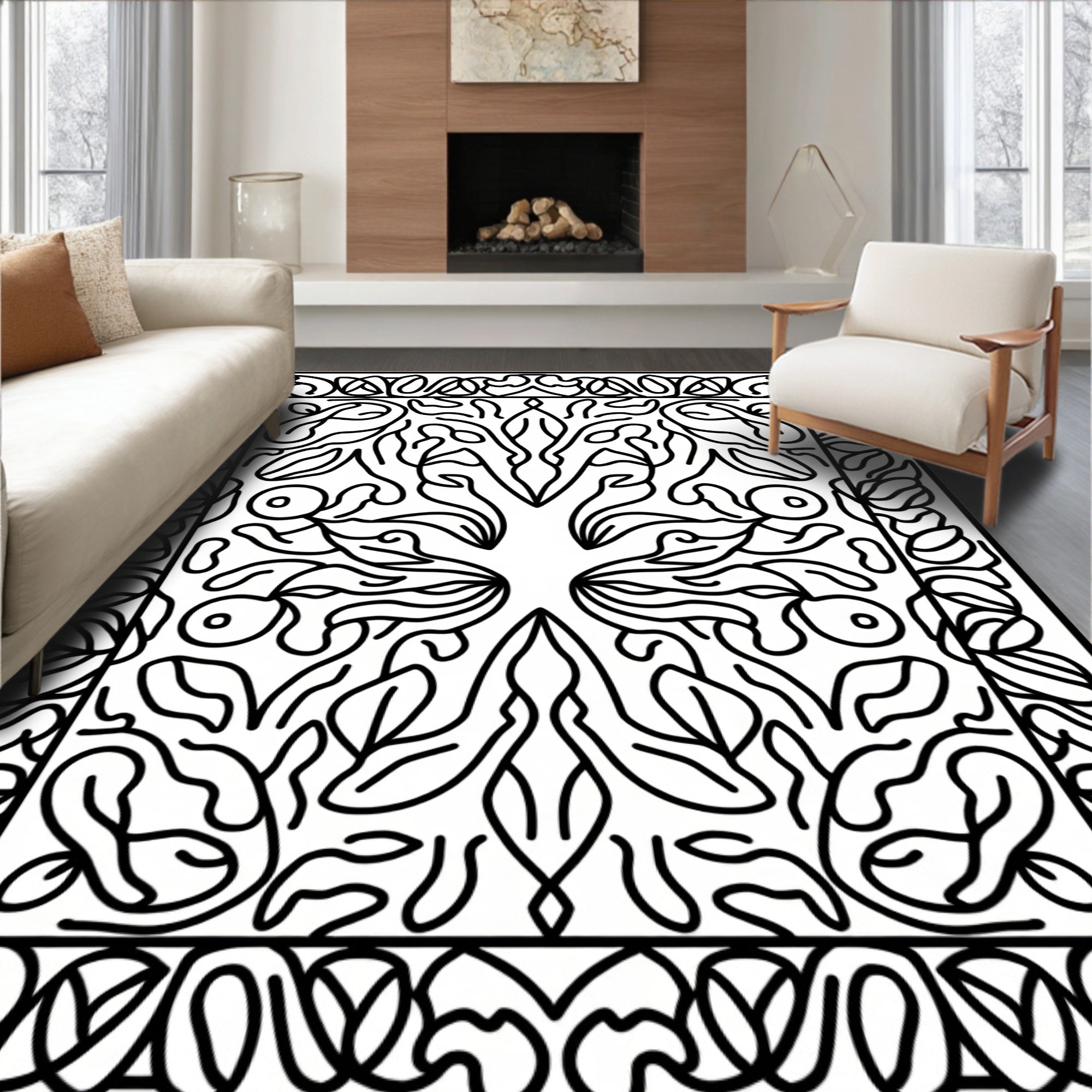 Symmetrical Stylized Floral Pattern Rug