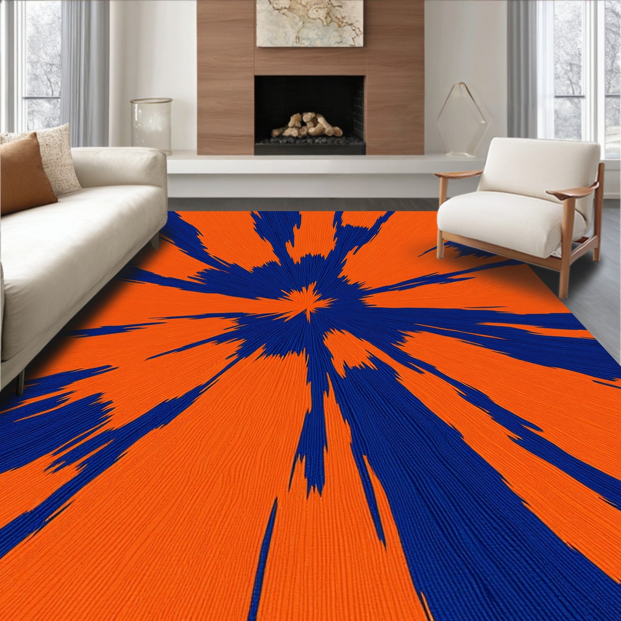 Starburst Orange Blue Abstract Pattern Rug