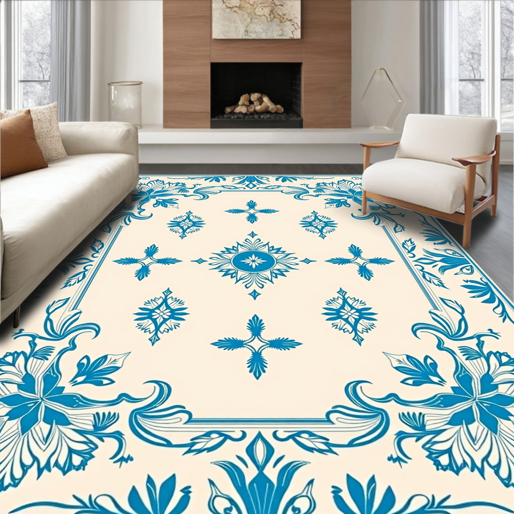 Elegant Blue Floral Medallion Pattern Rug