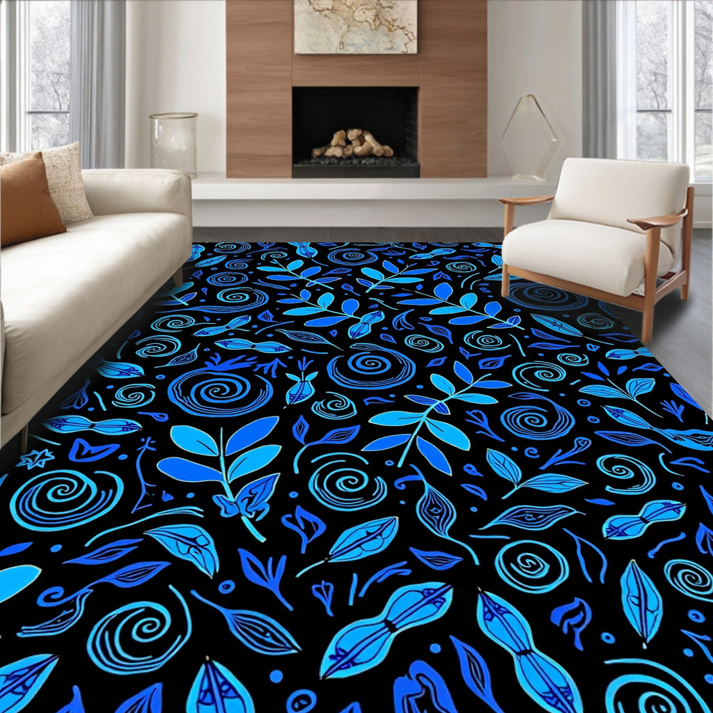 Vibrant Blue Leaf Swirl Composition Rug