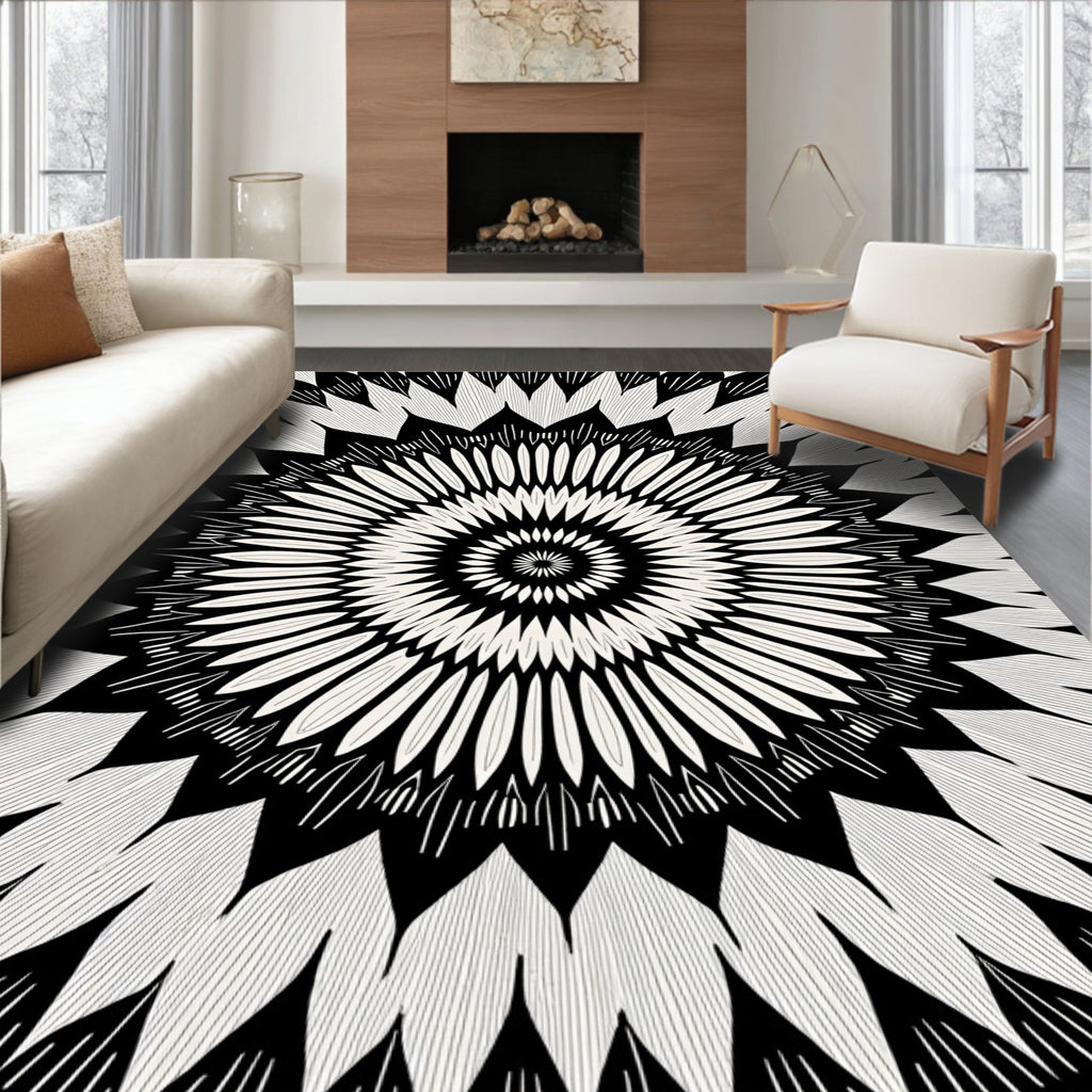 Monochromatic Radial Floral Pattern Rug