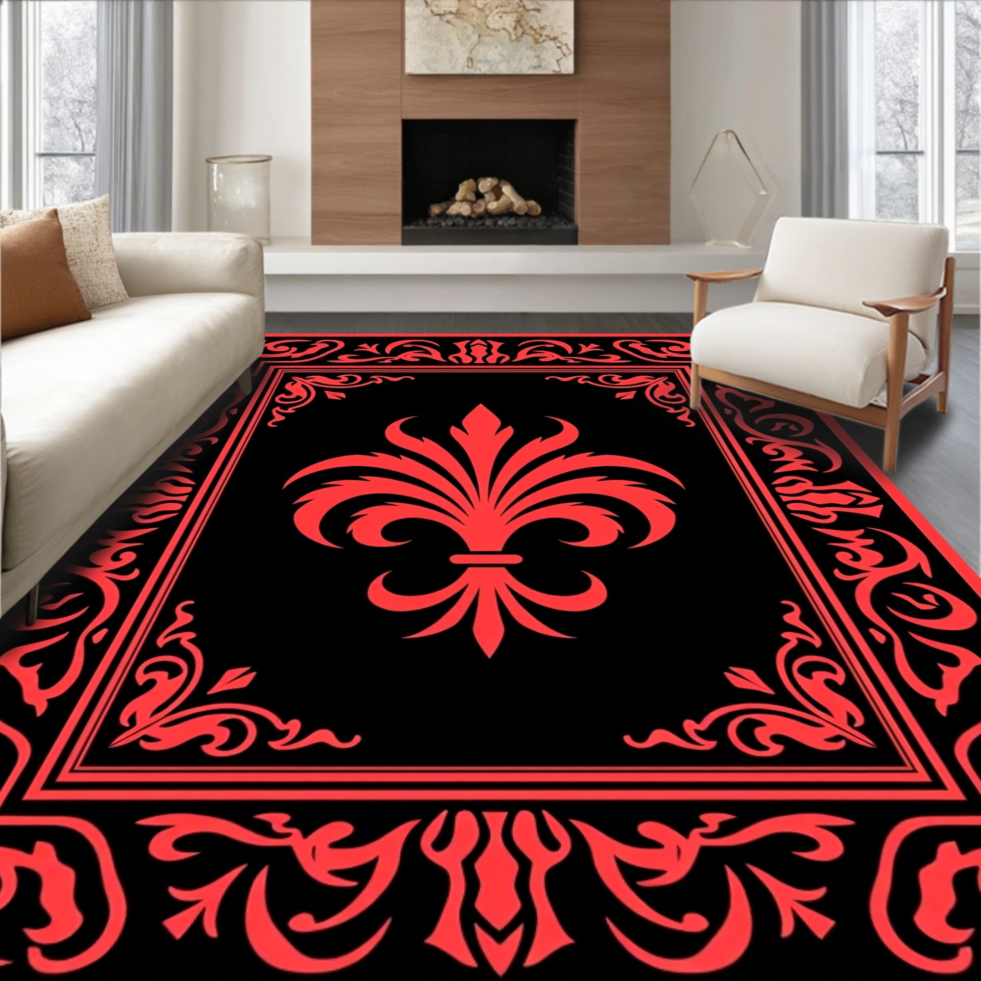 Red Floral Classic Emblem Pattern Rug