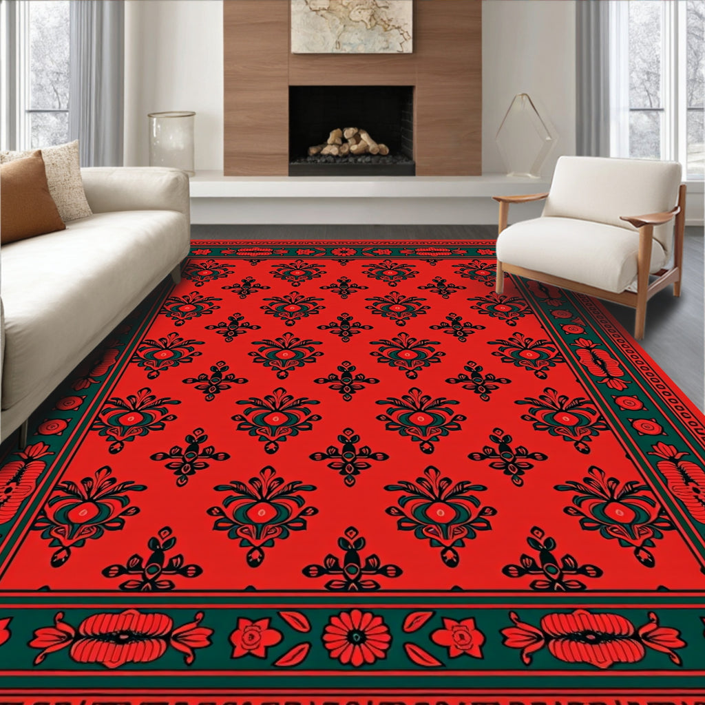 Vibrant Red Floral Damask Design Rug