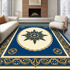 Ornate Blue Gold Floral Patterned Rug