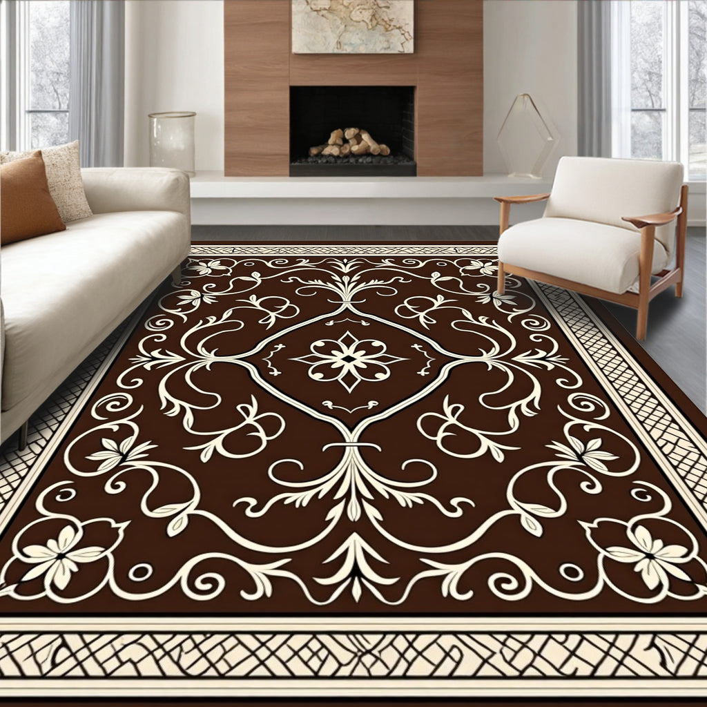 Brown Cream Floral Scroll Pattern Rug