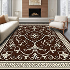 Brown Cream Floral Scroll Pattern Rug