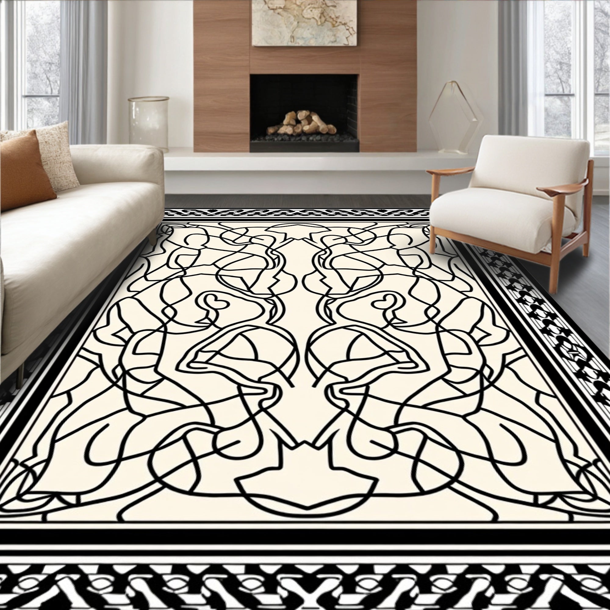 Abstract Black Cream Tangled Design Rug