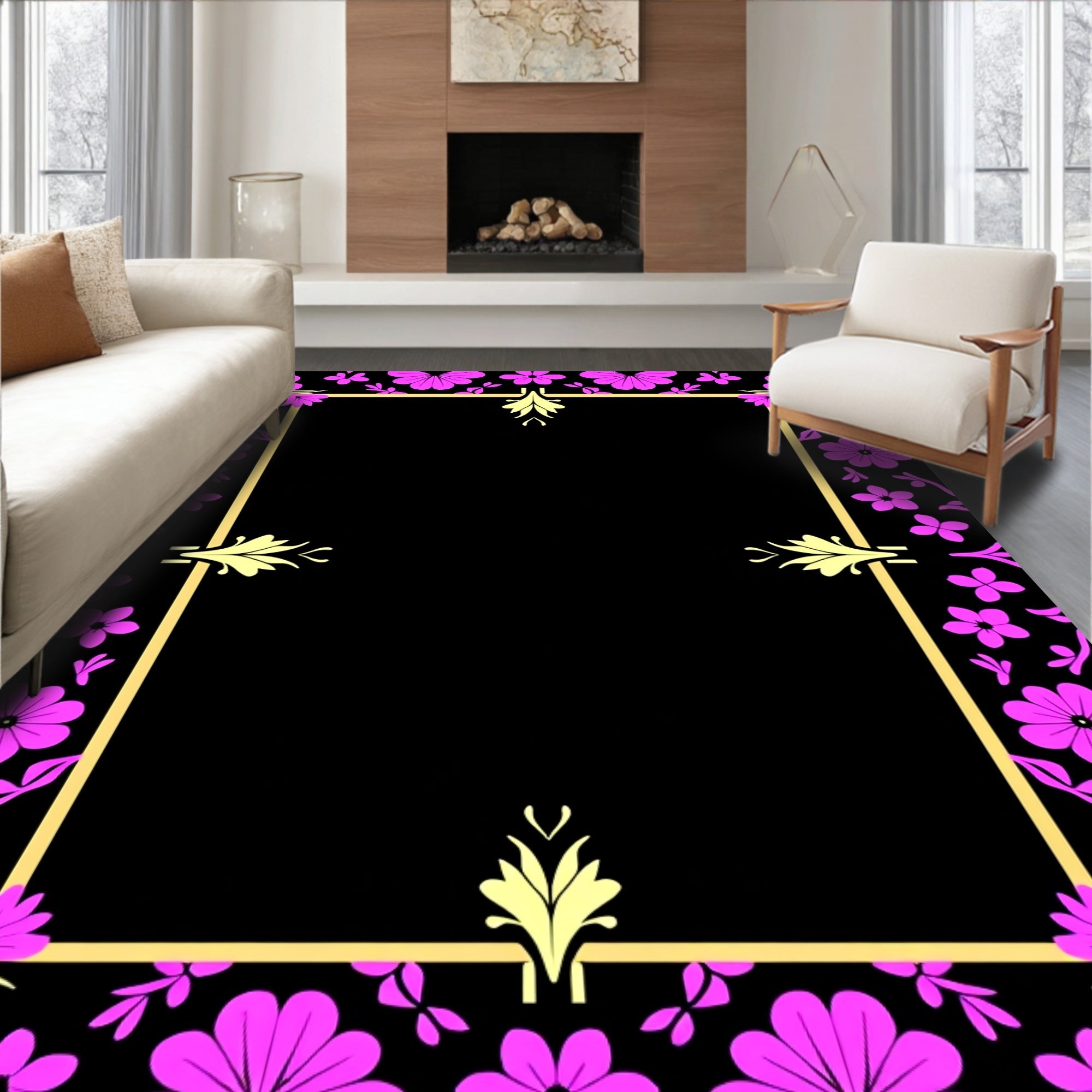 Pink Floral Golden Frame Motif Rug