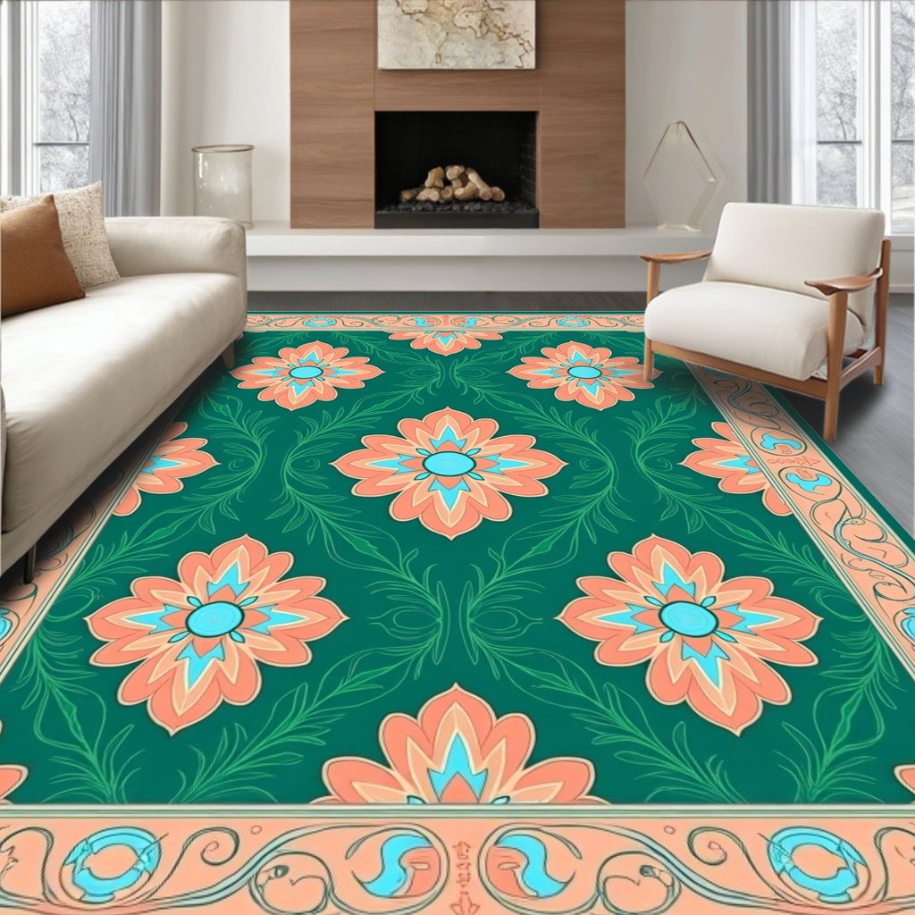 Elegant Floral Border Green Rug