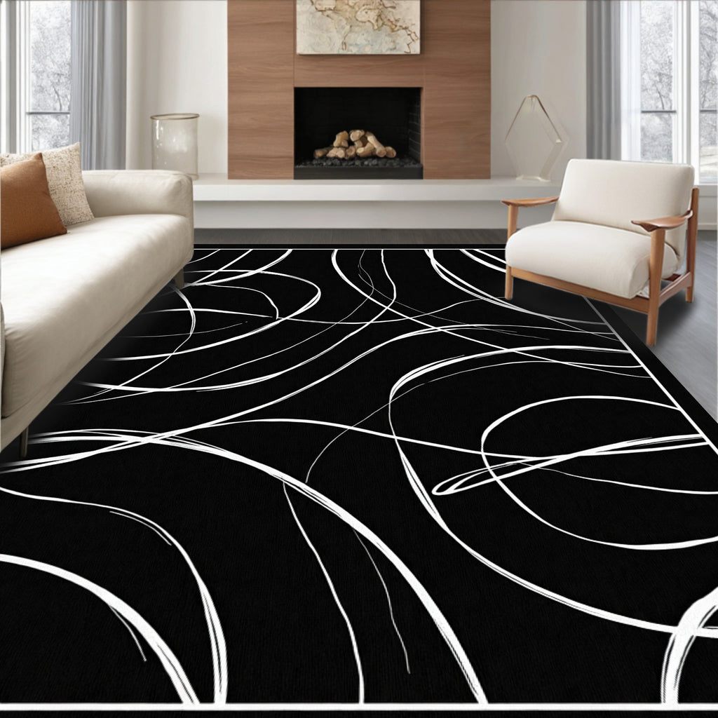 Abstract White Swirls Black Design Rug