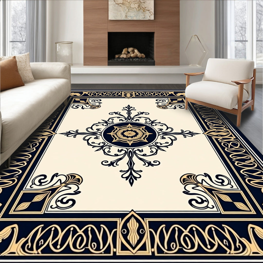 Classic Dark Navy Gold Floral Medallion Design Rug