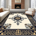Classic Dark Navy Gold Floral Medallion Design Rug