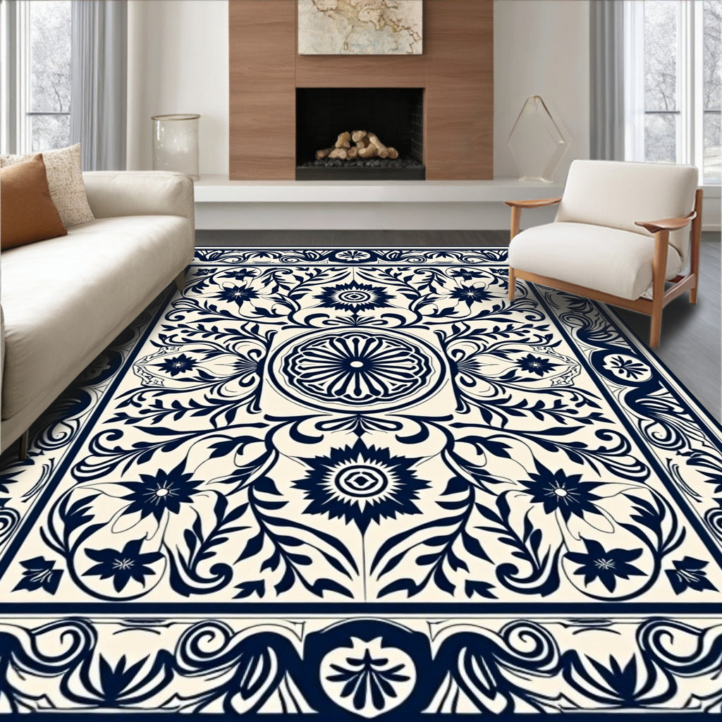 Classic Navy Floral Vines Artwork Rug
