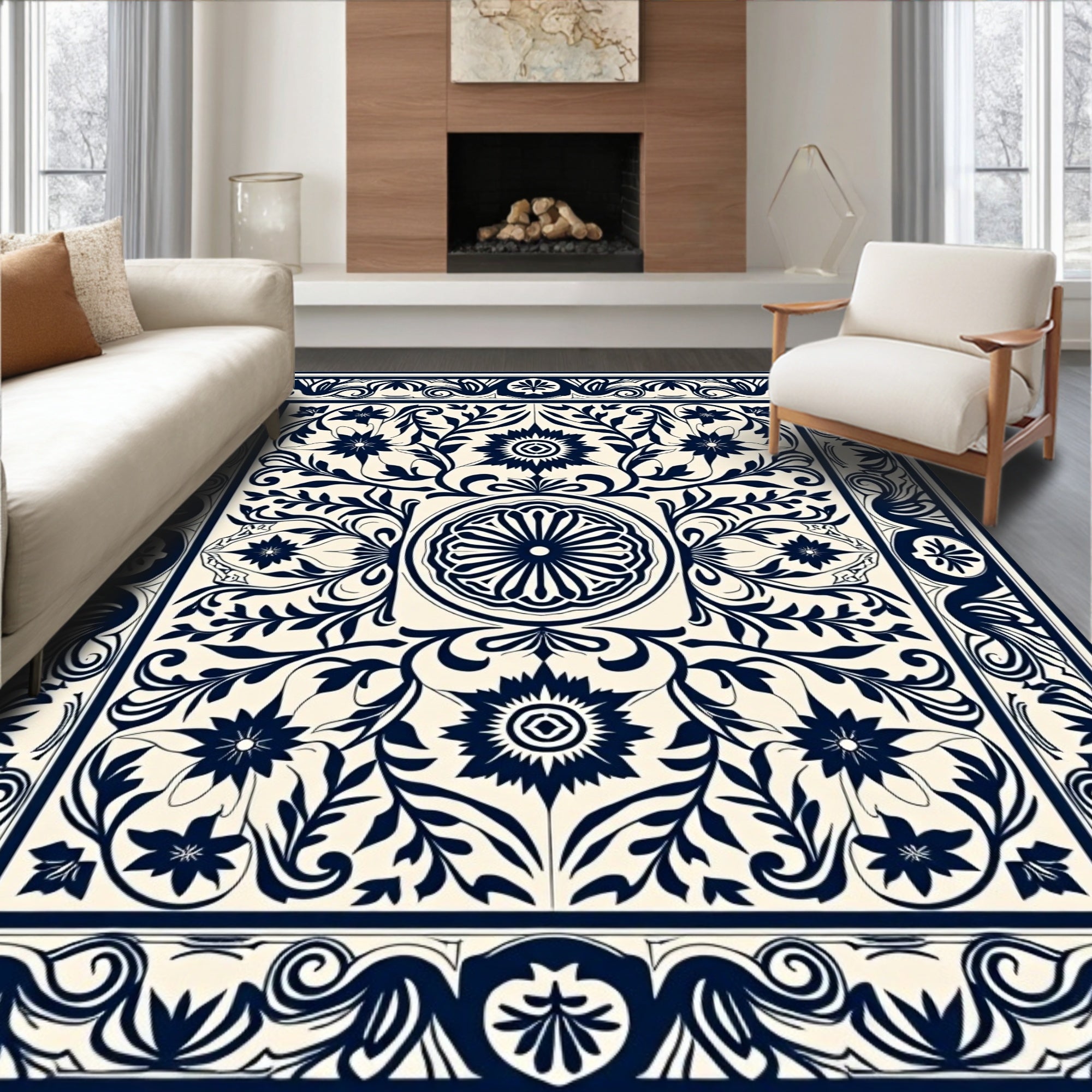 Classic Navy Floral Vines Artwork Rug