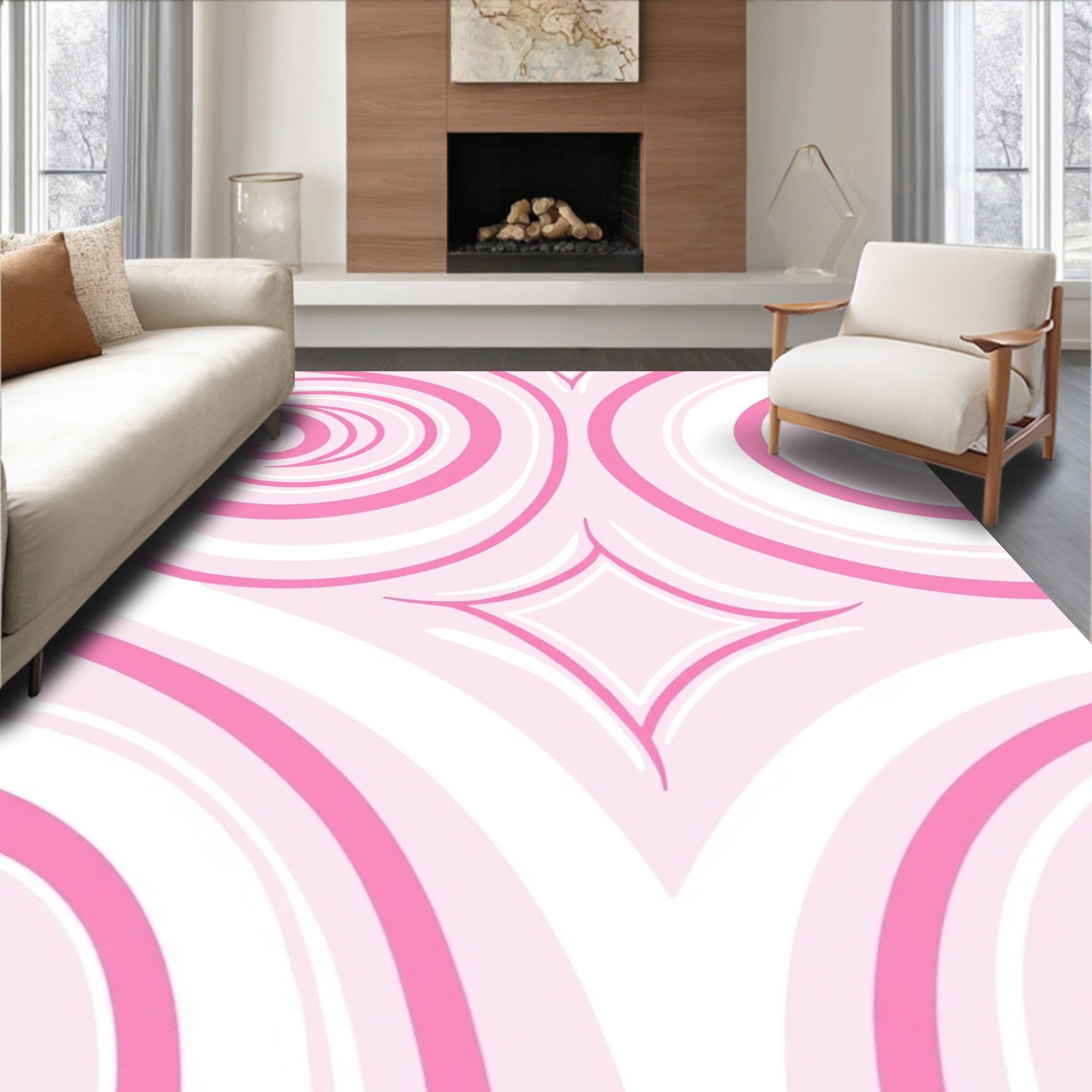 Whimsical Pink Swirl Star Pattern Rug