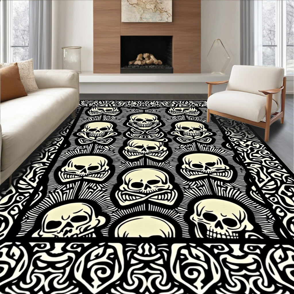 Bold Black And White Skull Scrape Rug