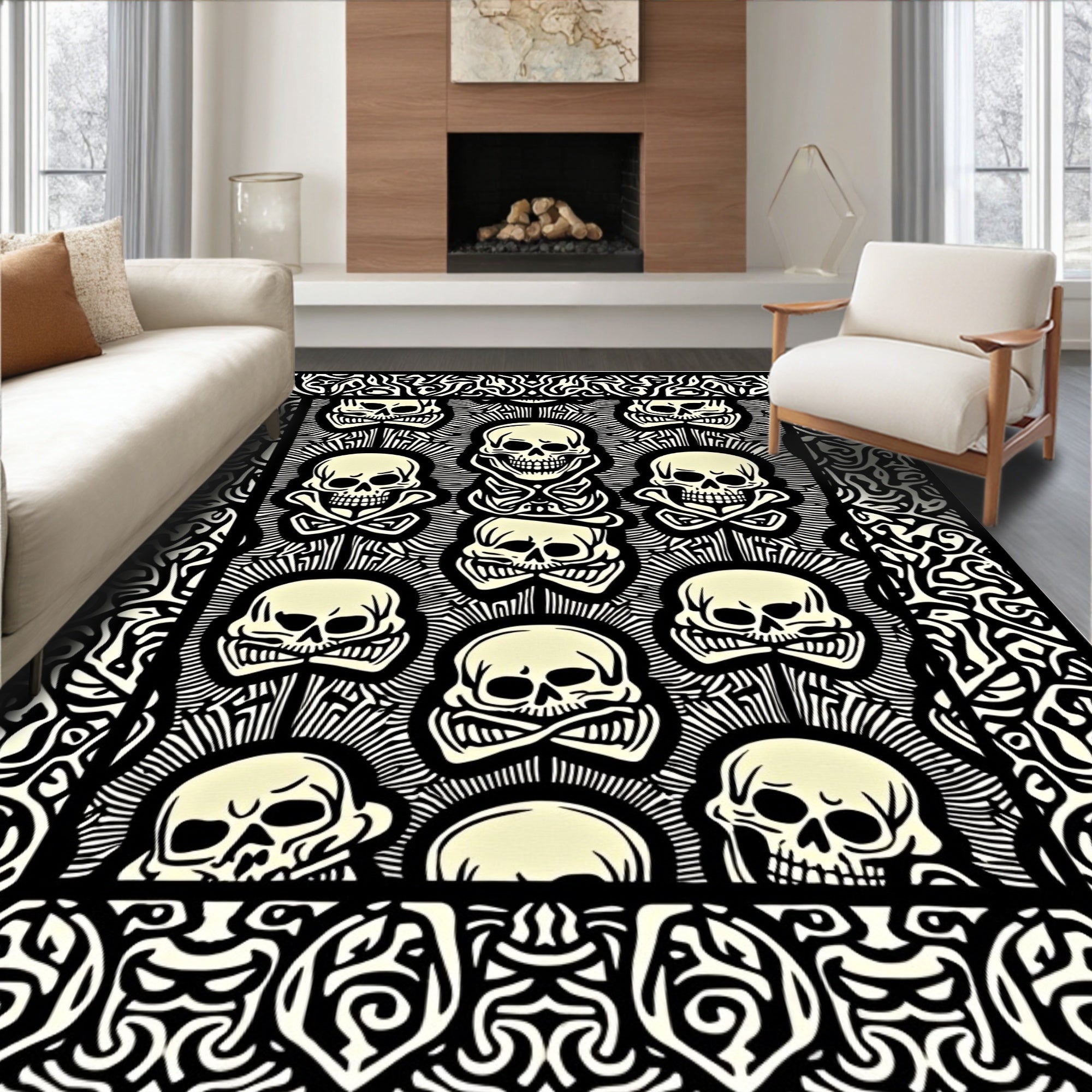 Bold Black And White Skull Scrape Rug