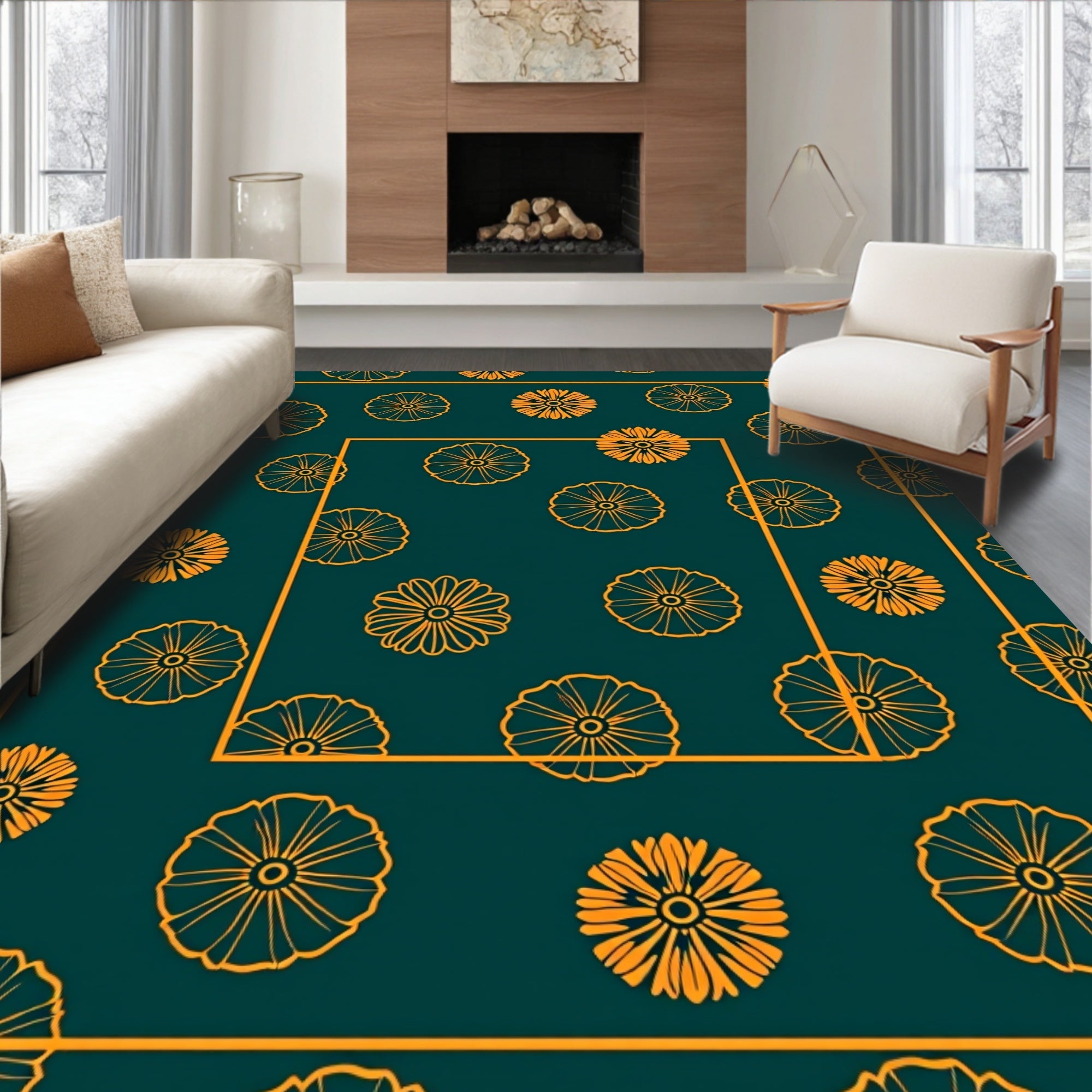 Orange Floral Pattern On Deep Teal Rug