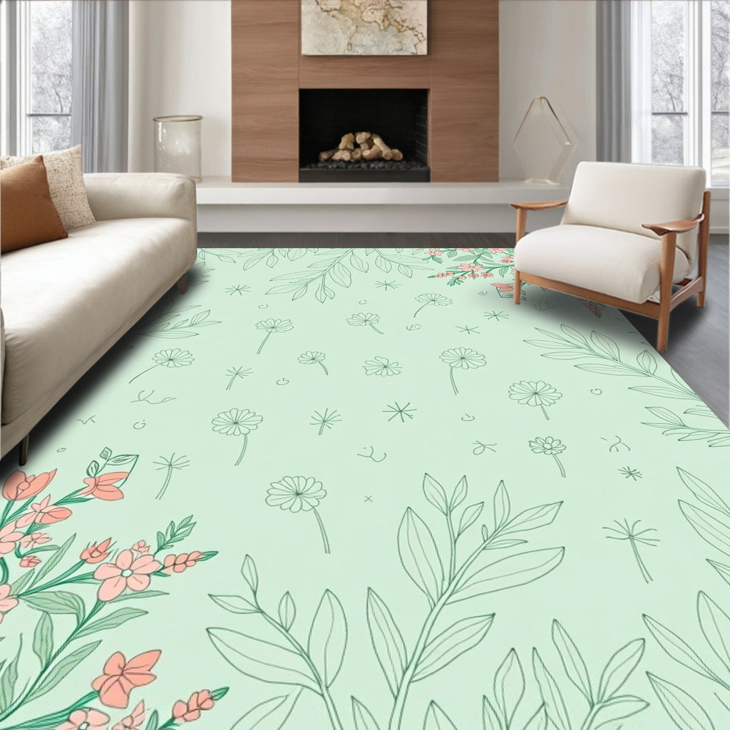 Delicate Floral Outline Sprig Design Rug