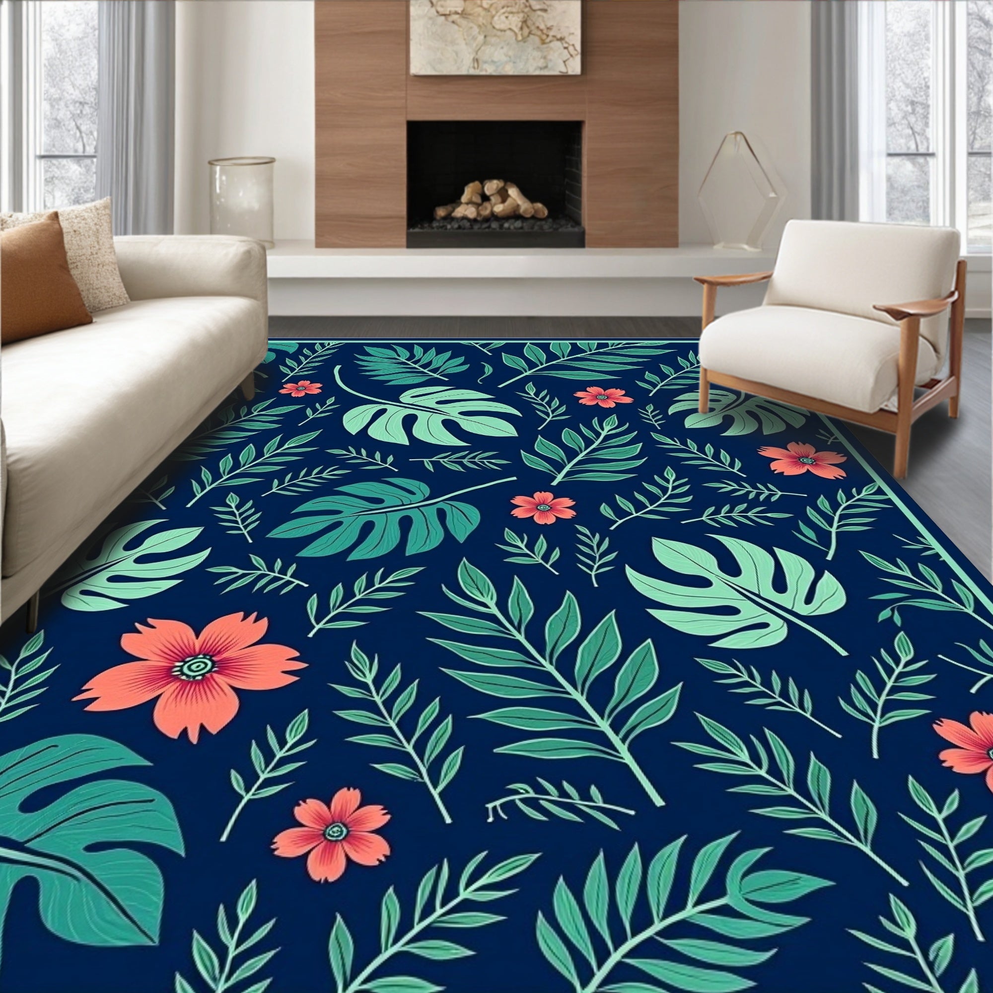 Tropical Leaf Flower Pattern Rug