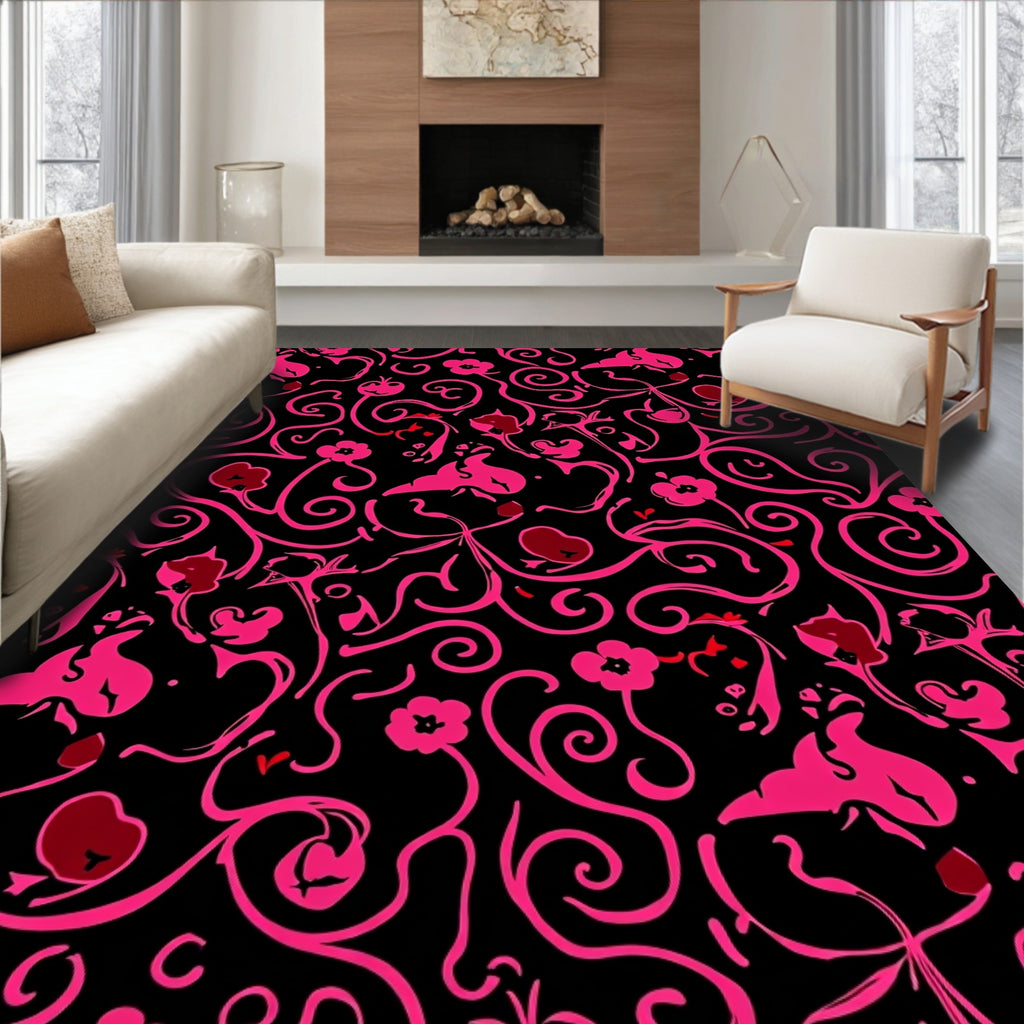 Whimsical Black Pink Floral Swirl Design Rug
