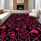 Whimsical Black Pink Floral Swirl Design Rug