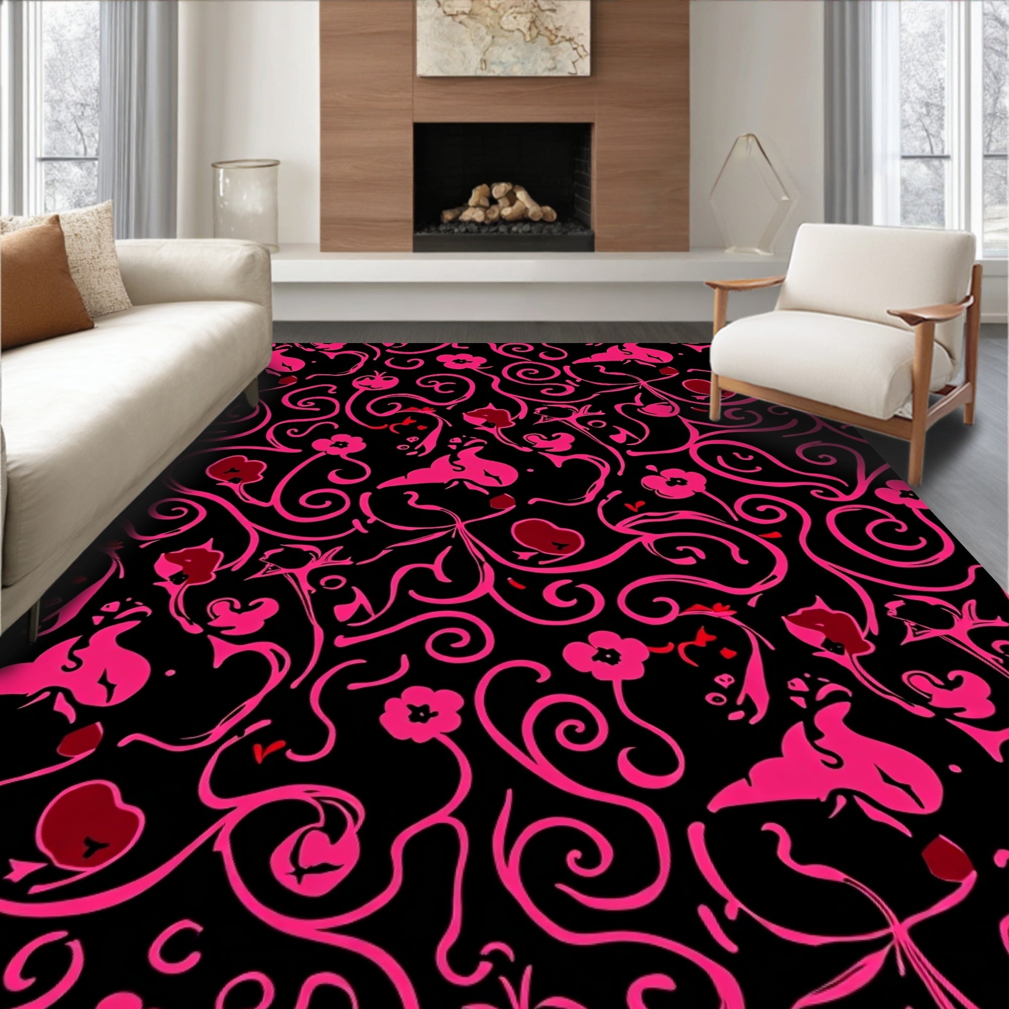 Whimsical Black Pink Floral Swirl Design Rug