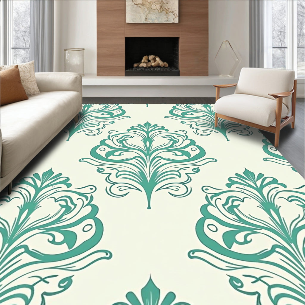 Teal Damask Flourish Pattern Rug