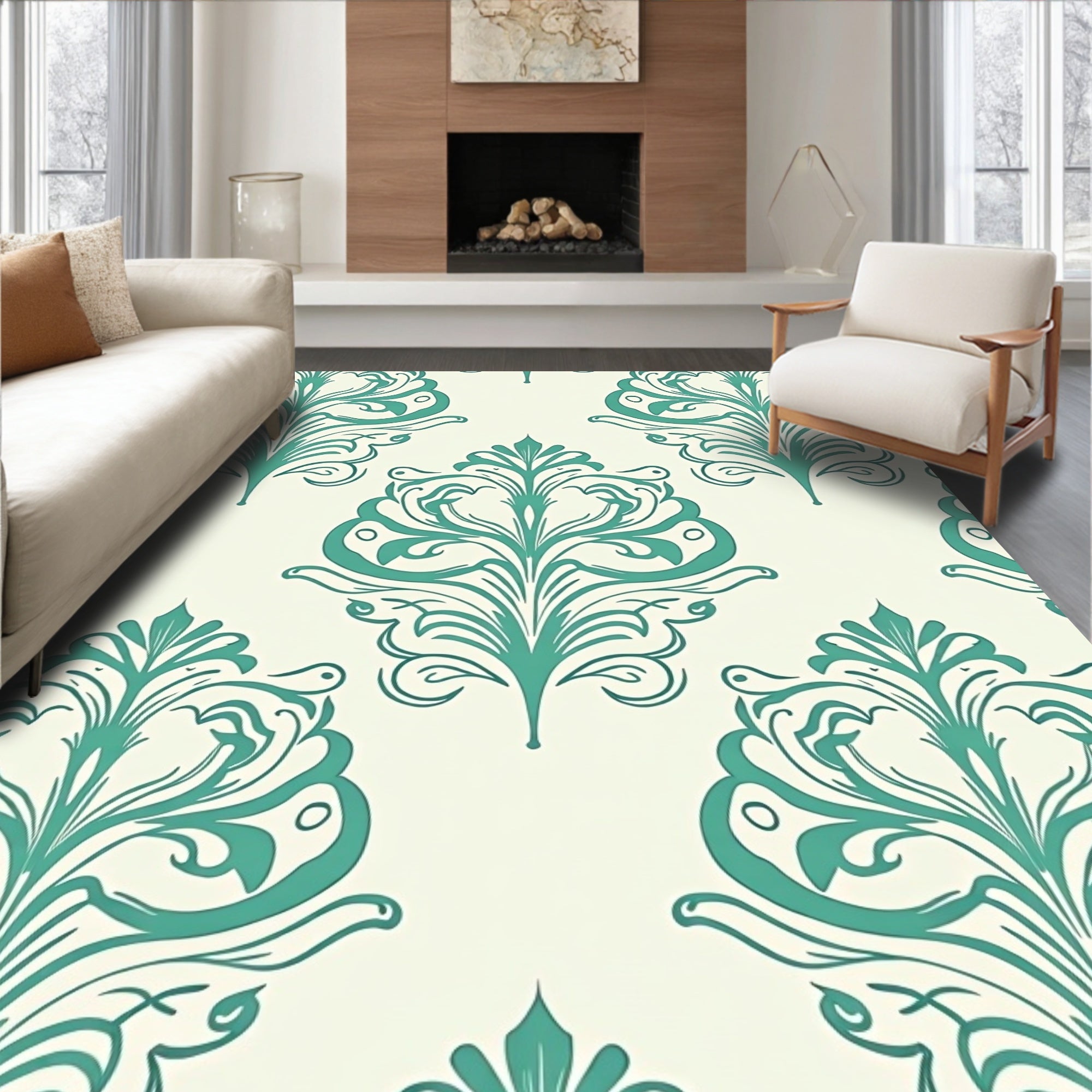 Teal Damask Flourish Pattern Rug