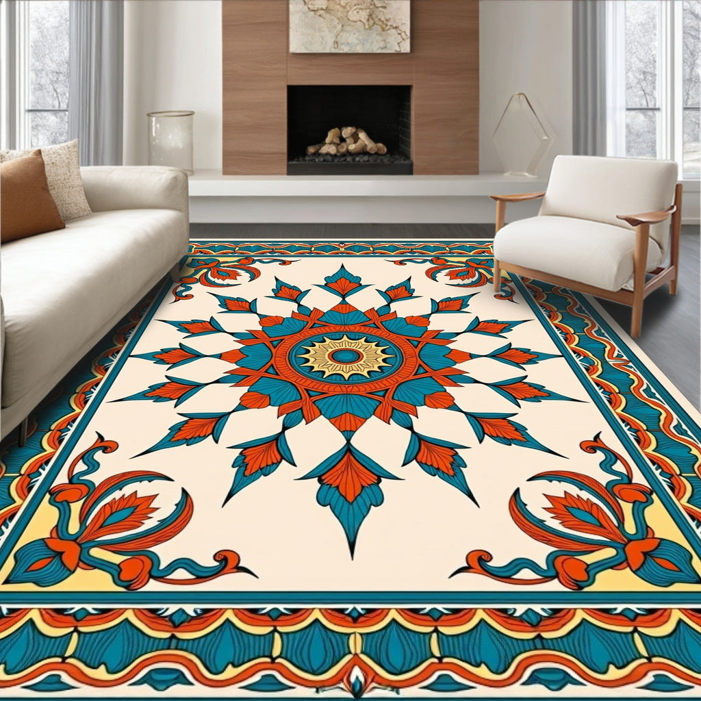Vibrant Teal Orange Sunburst Pattern Rug