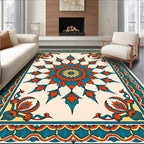 Vibrant Teal Orange Sunburst Pattern Rug